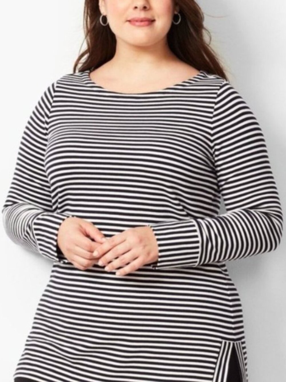 TALBOTS Bateau Neck Striped Tunic Black White Long Sleeve Cotton PETITE Small PS - Picture 3 of 15